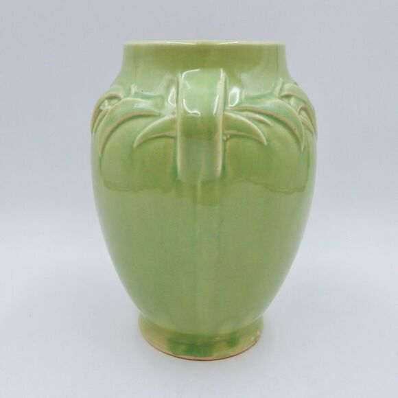 McCoy Pottery Green Leaf Embossed Handled Urn Vase 1940s Early Pastels 8.5 Inch - Picture 2 of 10